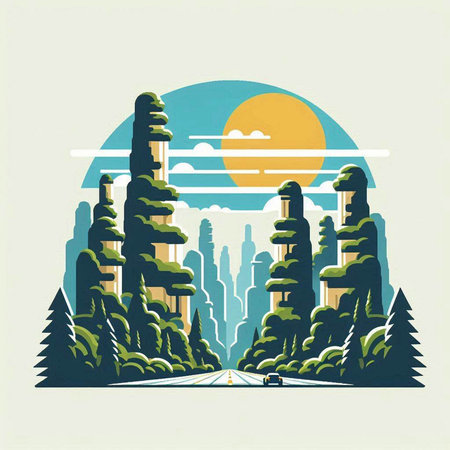 Vector illustration of a city landscape with trees and a road through the forestのイラスト素材