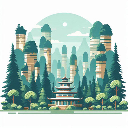 Ancient pagoda in the forest. Landscape of china. Vector illustrationのイラスト素材