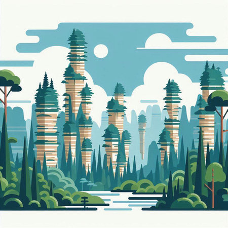 Fantasy landscape with trees and lake. Vector illustration in flat styleのイラスト素材