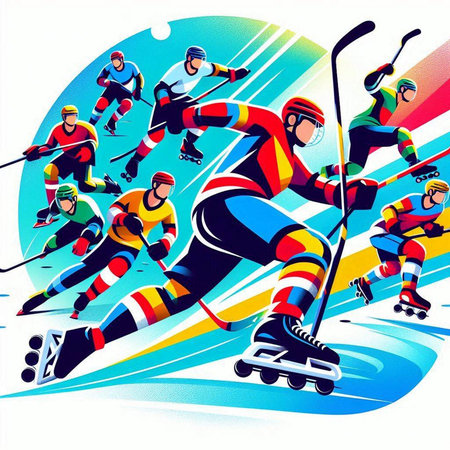 Ice hockey players in action, cartoon vector illustration. Colored background.のイラスト素材