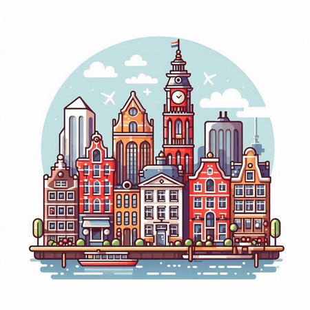 Amsterdam cityscape. Hand drawn vector illustration in cartoon style.のイラスト素材