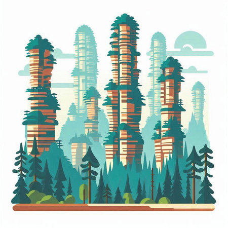 Trees and skyscrapers in the forest. Vector illustration.のイラスト素材