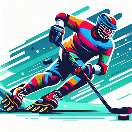 Hockey player with the stick and puck. Colorful vector illustration.のイラスト素材