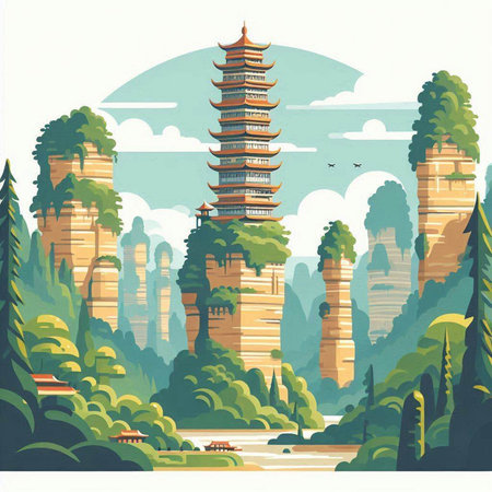 Landscape with pagodas in china. Vector illustration.のイラスト素材