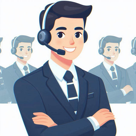 Call center operator with headset and customer service team. Vector illustration.のイラスト素材
