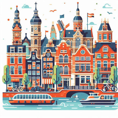 Amsterdam, Holland. Colorful vector illustration in flat style.のイラスト素材