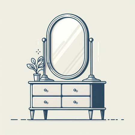 Vector illustration of a dressing table with a mirror and a plant.のイラスト素材