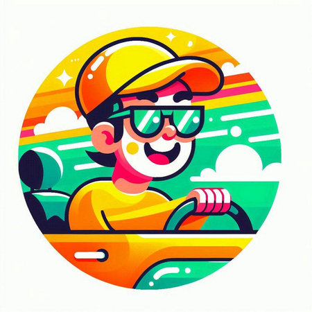 Cartoon man driving a car on the road. Vector illustration.のイラスト素材