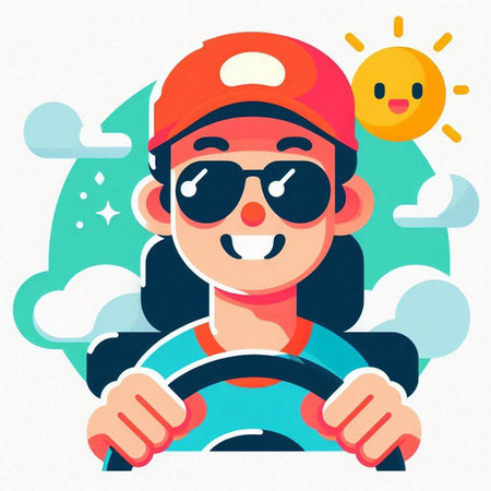 Man driving a car with sun and clouds in the background. Vector illustration.のイラスト素材