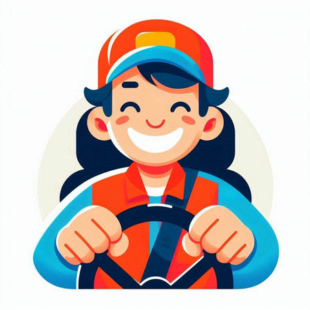 Cartoon vector illustration of a smiling girl holding a steering wheel.のイラスト素材