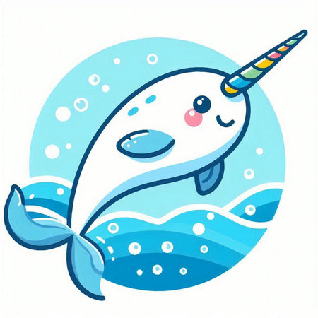 Cute cartoon narwhal swimming in the sea. Vector illustration.のイラスト素材