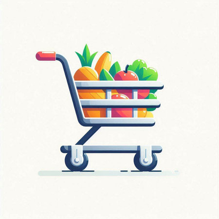 Shopping cart with fruits and vegetables. Vector illustration in flat styleのイラスト素材
