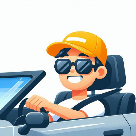 Illustration of a boy driving a convertible car. Vector illustration.のイラスト素材