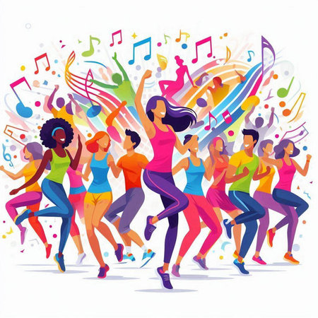 Vector illustration of group of young people dancing and listening to music.のイラスト素材