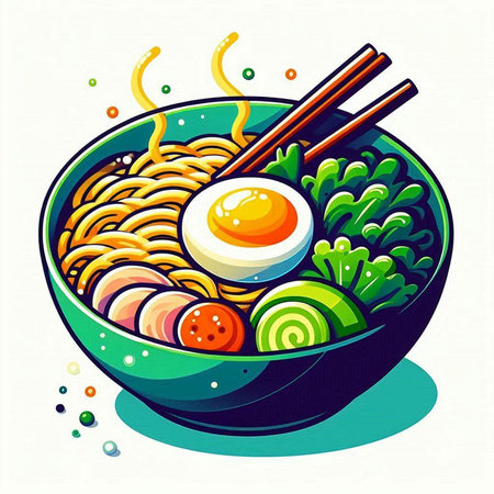 Bowl of noodle with egg and vegetables. Vector illustration.のイラスト素材