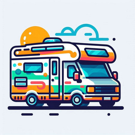 Camper car on the road. Colorful vector illustration in flat styleのイラスト素材