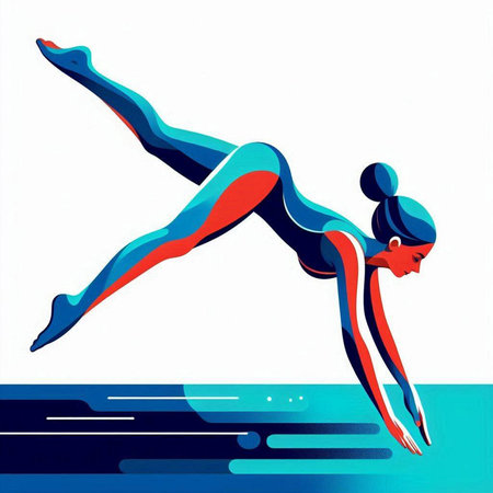 illustration of woman swimmer in blue and red on white backgroundのイラスト素材