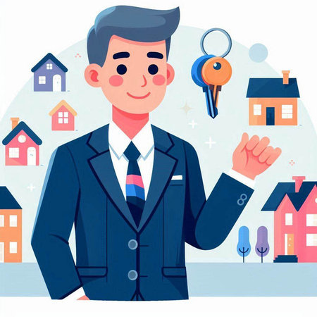Real estate agent with keys in his hand. Vector illustration in cartoon style.のイラスト素材