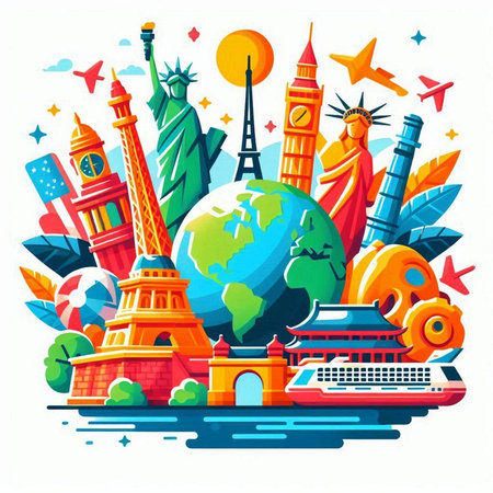 Travel around the world. Colorful vector illustration in cartoon style.のイラスト素材