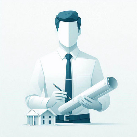 Real estate agent with house and blueprints in hands. Vector illustration.のイラスト素材