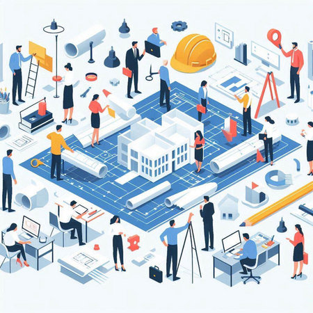 Architecture isometric concept with construction workers and drawings vector illustrationのイラスト素材