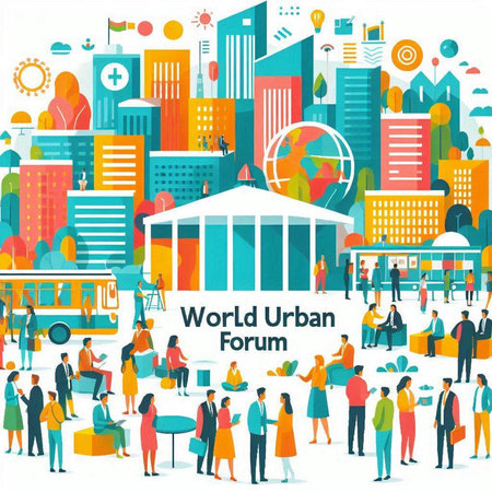 Flat design modern vector illustration concept of world map and people on the background of the city.のイラスト素材