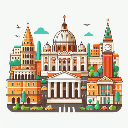 Cityscape of Rome, Italy. Vector illustration in flat style.のイラスト素材
