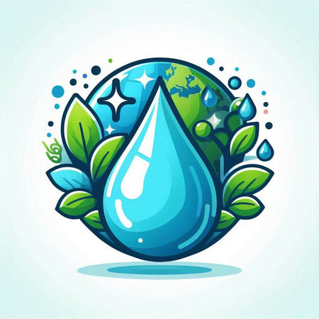 Blue water drop with green leaves. Vector illustration for your design.のイラスト素材