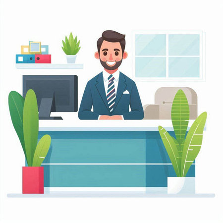 Businessman sitting at desk in office. Vector illustration in cartoon styleのイラスト素材