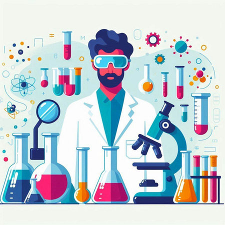 Scientist with microscope and test tubes. Flat style vector illustration.のイラスト素材