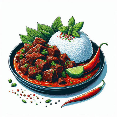 Illustration of beef stew with rice and chili pepper on a plateのイラスト素材