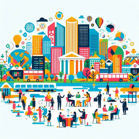 Cityscape with people and business icons. Vector illustration in flat styleのイラスト素材