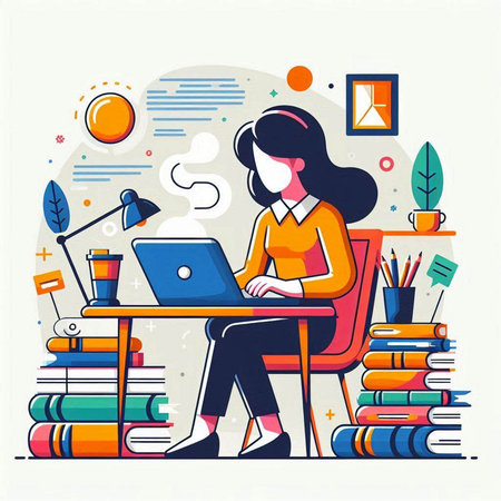 Vector illustration of woman working on laptop at home. Work from home concept.のイラスト素材