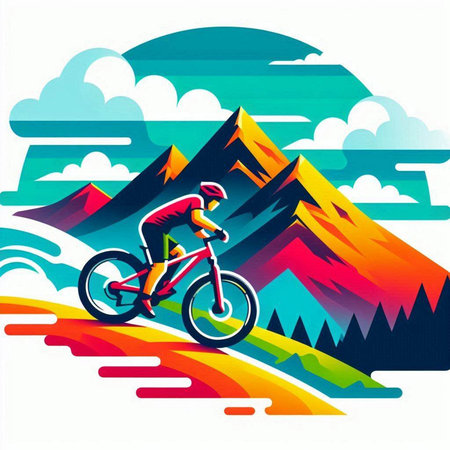 Mountain biker on a background of the mountains. Vector illustrationのイラスト素材