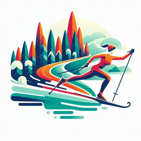 Cross-country skiing in the mountains. Colorful vector illustration.のイラスト素材