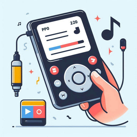 Music player in hand. Vector illustration in flat cartoon style. Isolated on blue background.のイラスト素材
