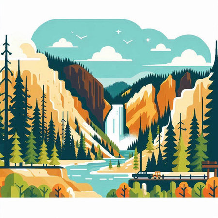 Mountains and river in the forest. Vector illustration for your designのイラスト素材