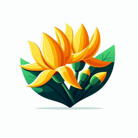 Illustration of orange flower with green leaves isolated on white background.のイラスト素材