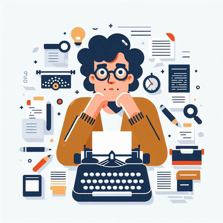 Young writer with a typewriter. Vector illustration in flat style.のイラスト素材