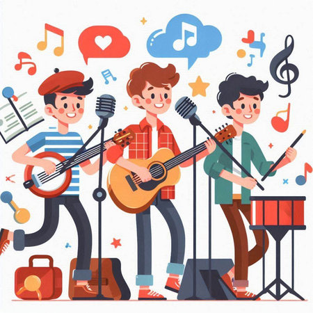 Musical group of young people singing and playing musical instruments, flat vector illustration.のイラスト素材