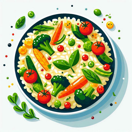 Vegetarian meal with rice and vegetables. Vector illustration in flat style.のイラスト素材