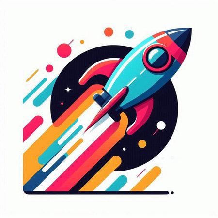 Rocket launch with colorful abstract background. Vector illustration in flat style.のイラスト素材