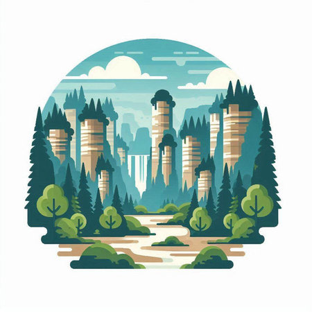 Landscape with mountains, forest and river. Vector illustration in flat style.のイラスト素材