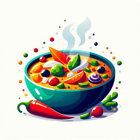 Illustration of a bowl of soup with vegetables and spices. Vector illustration.のイラスト素材