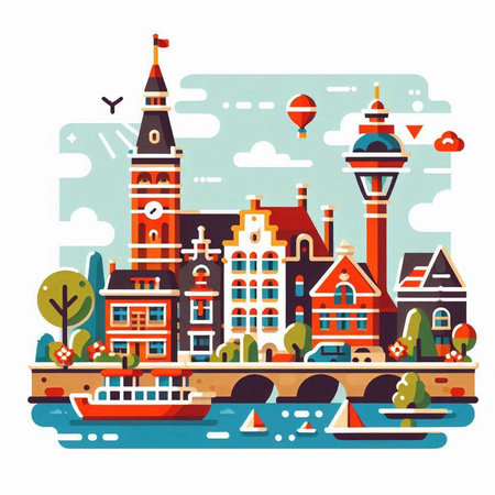 Amsterdam city landscape. Colorful vector illustration in flat style.のイラスト素材