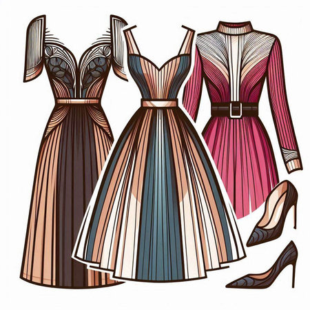 Vector illustration of a collection of women's dresses in retro style.のイラスト素材