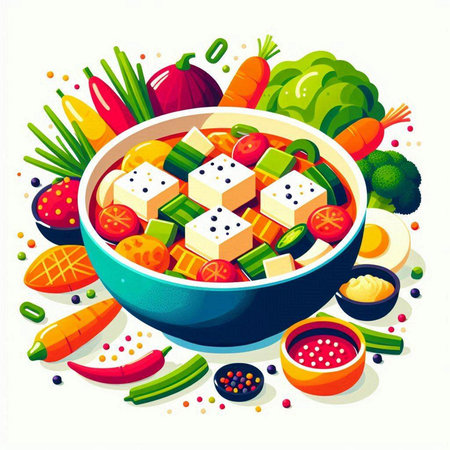 Vegetable salad with tofu in a bowl. Vector illustration.のイラスト素材