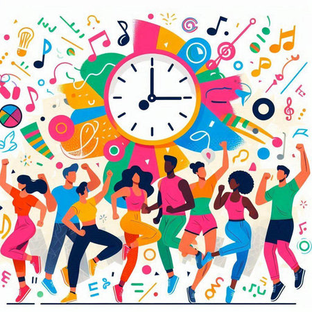 Multiethnic people dancing and listening to music. Vector illustration.のイラスト素材