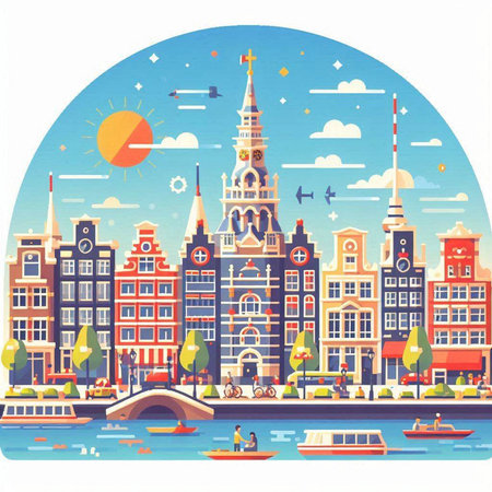 Amsterdam city skyline. Vector illustration in flat cartoon style. Travel and tourism concept.のイラスト素材