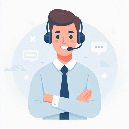 Call center operator. Man with headset. Vector illustration in flat styleのイラスト素材